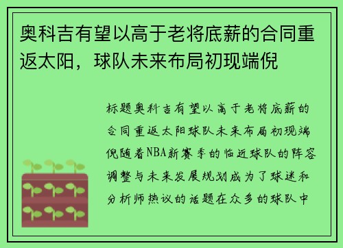 奥科吉有望以高于老将底薪的合同重返太阳，球队未来布局初现端倪
