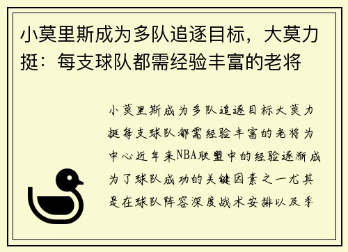 小莫里斯成为多队追逐目标，大莫力挺：每支球队都需经验丰富的老将