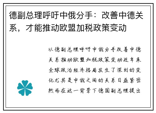 德副总理呼吁中俄分手：改善中德关系，才能推动欧盟加税政策变动