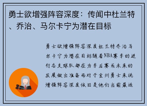 勇士欲增强阵容深度：传闻中杜兰特、乔治、马尔卡宁为潜在目标