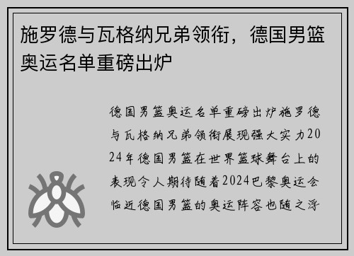 施罗德与瓦格纳兄弟领衔，德国男篮奥运名单重磅出炉