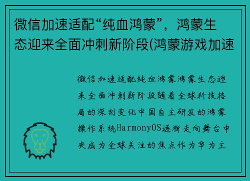 微信加速适配“纯血鸿蒙”，鸿蒙生态迎来全面冲刺新阶段(鸿蒙游戏加速)