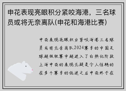 申花表现亮眼积分紧咬海港，三名球员或将无奈离队(申花和海港比赛)