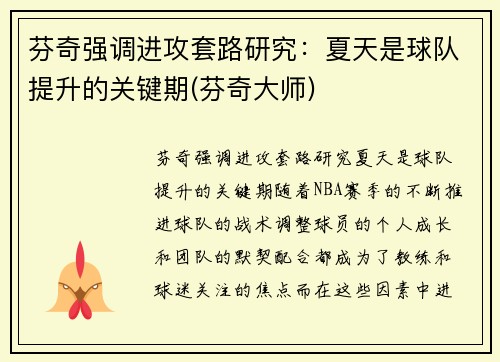 芬奇强调进攻套路研究：夏天是球队提升的关键期(芬奇大师)
