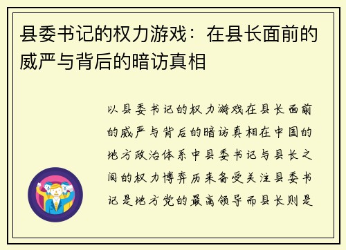县委书记的权力游戏：在县长面前的威严与背后的暗访真相