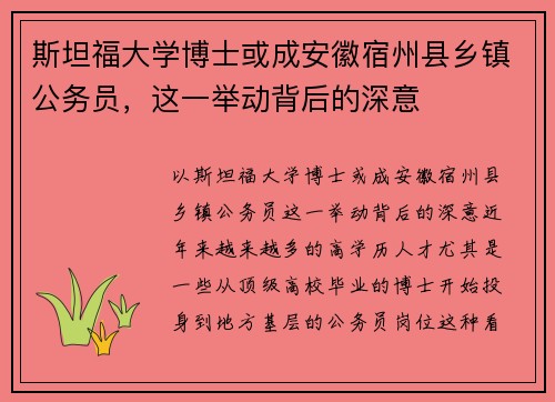 斯坦福大学博士或成安徽宿州县乡镇公务员，这一举动背后的深意