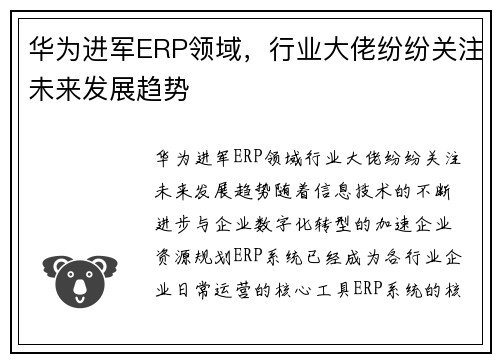 华为进军ERP领域，行业大佬纷纷关注未来发展趋势