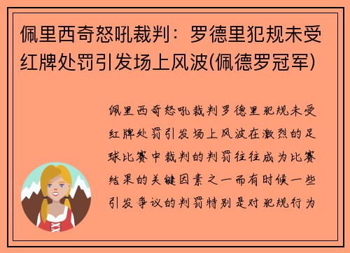 佩里西奇怒吼裁判:罗德里犯规未受红牌处罚引发场上风波(佩德罗冠军)